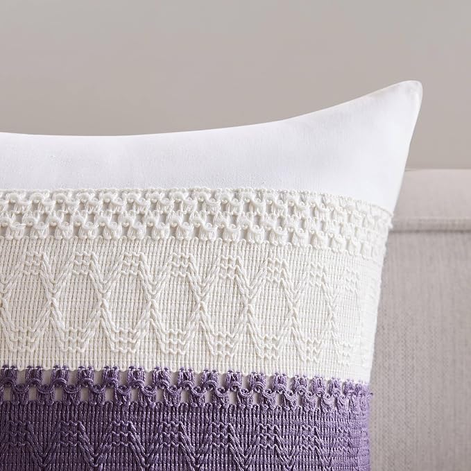 2pk Boho Pillow Covers 22x22, Natural White/Contrast/Purple | 100% Organic Cotton Body, Stripe Embroidery, Farmhouse Decorative Cushion Covers for Sofa Bed Living Room Home Decor