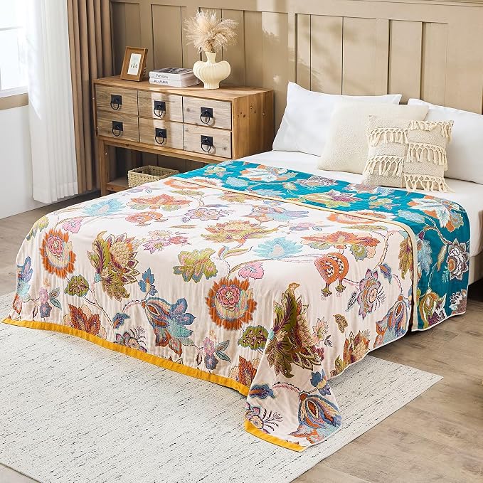 XIBLC Boho Throw Blanket 100% Cotton Vintage Blanket Muslin Woven Flower Decorative Throw Blankets All Season Bohemian Rustic Farmhouse Decor Quilt for Bed (Beige 90"x98")