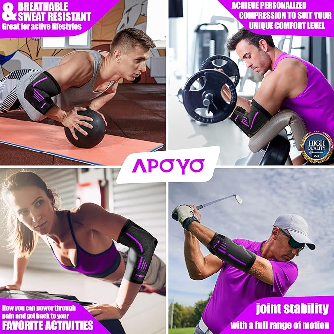 APOYO Elbow Brace for Tendonitis and Tennis Elbow, Elbow Compression Sleeve, Elbow Brace for Women and Men w/ Adjustable Strap for Tennis Elbow Relief, Weightlifting, Arthritis, Workouts, Reduce Joint Pain During Fitness Activity (Purple, Large)