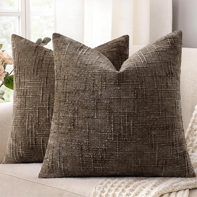 decorUhome Textured Chenille Throw Pillow Covers 26x26 Set of 2 Dusty Brown | Fall Modern Farmhouse Soft Cozy Slubby Couch Pillow Cases Boho Decorative Pillow Cases for Bed Sofa Living Room Home Decor