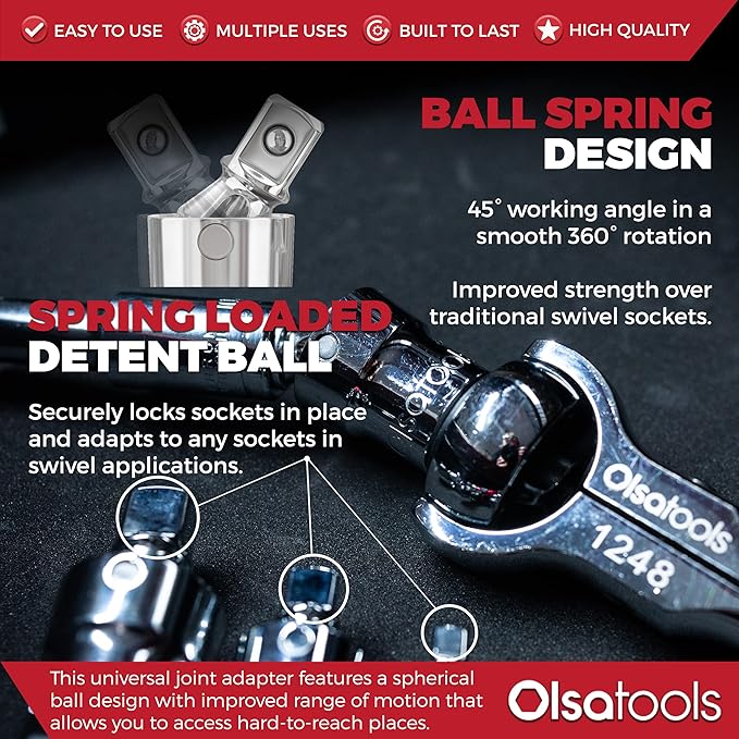 Olsa Tools Universal Joint Set - 3 Pc 1/2",3/8" & 1/4" Drive - Swivel U-Joint Socket Kit with Aluminum Rail - Ball and Angle Socket Adapters - Part 1243