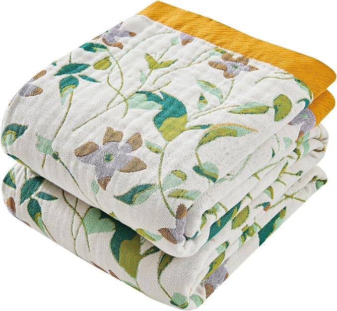 VANJOROY Boho Throw Blanket, 100% Organic Cotton Breathable Skin-Friendly Ultra Soft 50" x 60" Bed Quilt Throw - Floral Rustic Decor Luxury Reversible Blanket for Sofa Couch Chair and Gift,