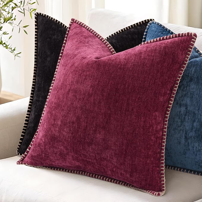 decorUhome Soft Chenille Throw Pillow Covers 12x20 Set of 2 Black | Fall Textured Decorative Throw Pillow Cases Stitched Edge Modern Farmhouse Luxury Boho Velvet for Couch Sofa Bed Home Decor