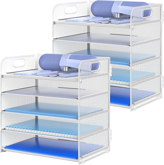 2 Pack Letter Tray Paper Organizer 5-Tier Desk Organizer File Organizer Paper Holder with Handle, Metal Desktop Document Shelf Tray Office Classroom Organization - White