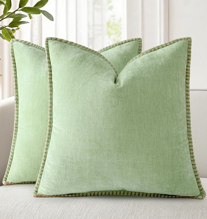decorUhome Soft Chenille Throw Pillow Covers 20x20 Set of 2 Sage Green | Fall Textured Decorative Throw Pillow Cases Stitched Edge Modern Farmhouse Luxury Boho Velvet for Couch Sofa Bed Home Decor
