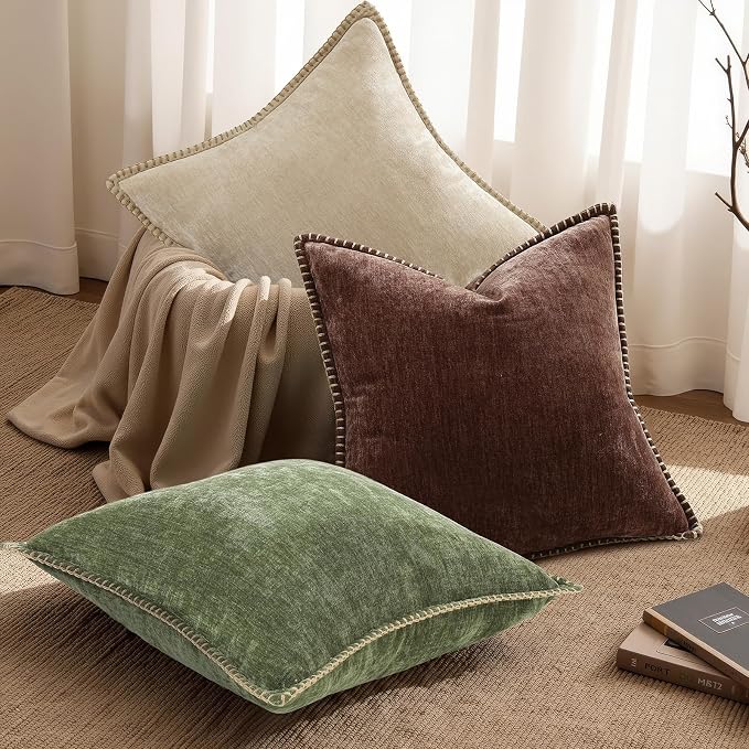 decorUhome Soft Chenille Throw Pillow Covers 26x26 Set of 2 Chocolate | Fall Textured Decorative Throw Pillow Cases Stitched Edge Modern Farmhouse Luxury Boho Velvet for Couch Sofa Bed Home Decor