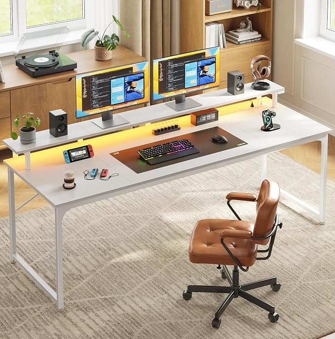 PRAISUN 63 inch Gaming Desk, LED & Power Outlets, Monitor Stand, White | Sturdy PC Desk for Home Office, Study & Work, LED Lights, 4 AC Outlets & USB-C Charging Station