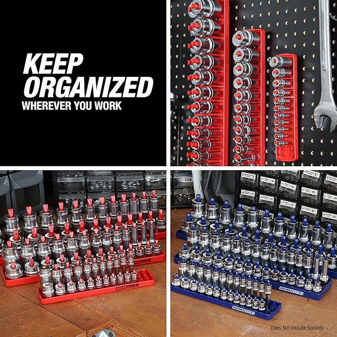 OEMTOOLS 22237 6 Piece SAE and Metric Socket Tray Set, SAE and Metric Socket Storage for Sizes 1/4", 3/8”, and 1/2" Drive, Socket Holders and Socket Organizer Tray for Toolbox, Red and Blue