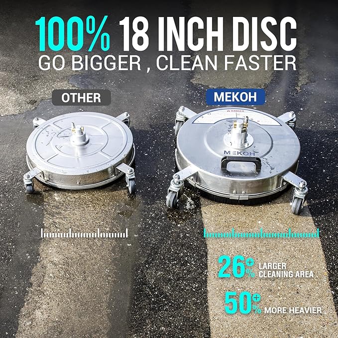 MEKOH 18" Pressure Washer Surface Cleaner 4500 PSI，4 Wheels Stainless Steel Power Washer Attachment for Driveway Sidewalk Patio Concrete Cleaning, 1/4'' Quick-Connect, 1 Extension Wand&5 Spray Nozzles