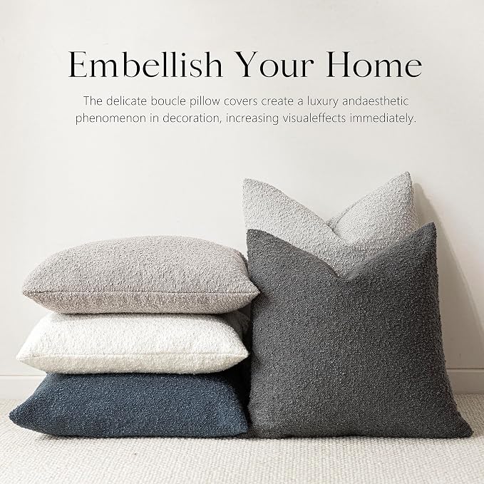 Foindtower Pack of 2 Textured Boucle Throw Pillow Covers Accent Solid Decorative Pillow Cases Cozy Woven Couch Cushion Case for Sofa Bedroom Living Room Home Decor, 18 x 18 Inch,Dark Grey