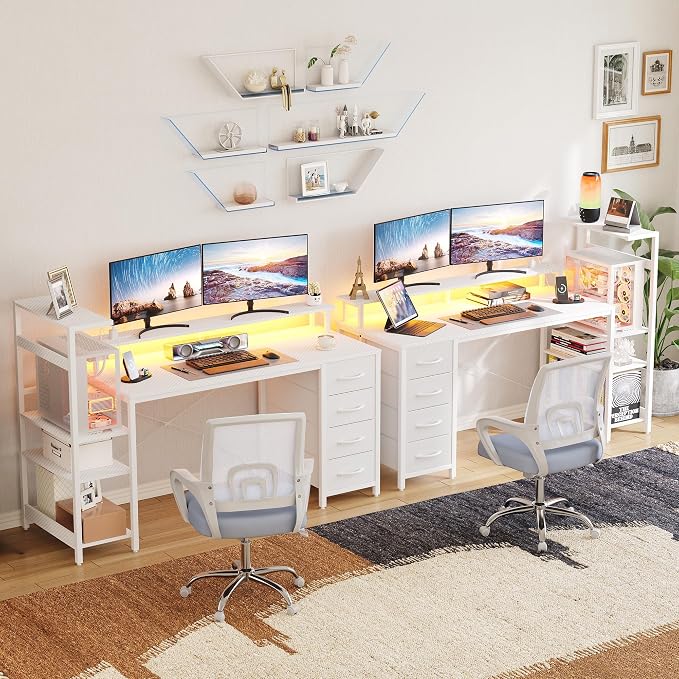 59 Inch Gaming Desk with Drawers & PC Tower Stand & LED Lights, White | Reversible, Monitor Shelf, Power Outlets, Carbon Fiber, Mesa Gamer, Computer Desk with Storage, Gaming Table for Home Office