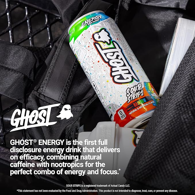 GHOST Energy Drink - 12-Pack, Sour Strips Rainbow, 16oz Cans - Energy & Focus & No Artificial Colors - 200mg of Natural Caffeine, L-Carnitine & Taurine - Gluten-Free & Vegan