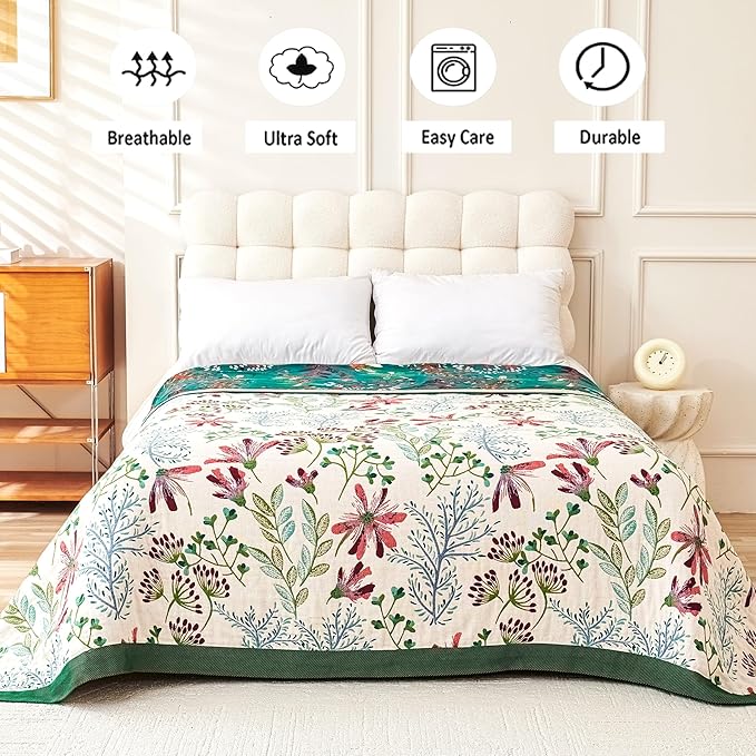 VANJOROY Boho Throw Blanket, 100% Organic Cotton Breathable Ultra Soft 91" x 108" King Bed Quilt Throw - All Season Floral Rustic Farmhouse Decor Luxury Blanket for Sofa Couch Chair and Gift