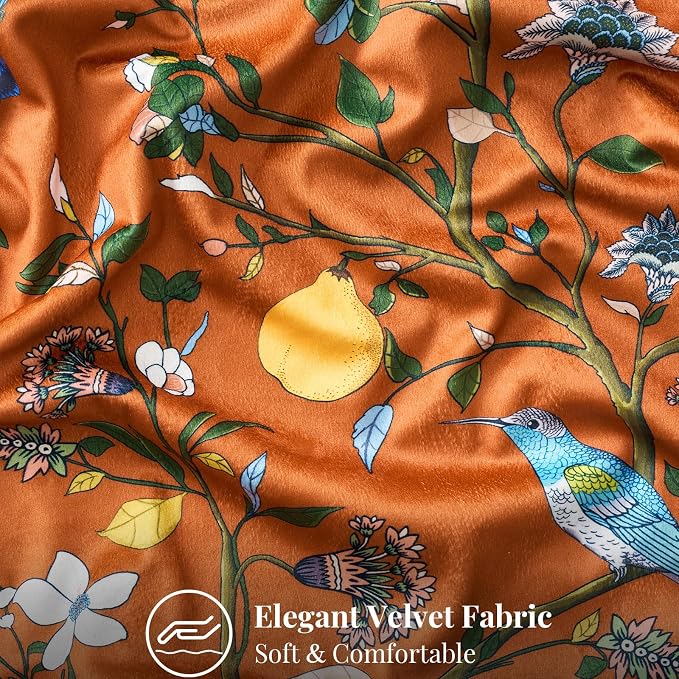 MUSSEL Burnt Orange Velvet Floral Decorative 20x20 Pillow Covers Set of 2 | Durable Sturdy,Botanical Printed Pattern,Throw Pillows Case,Square,Colorful Boho Cute Cushion Covers,Sofa Couch Decor
