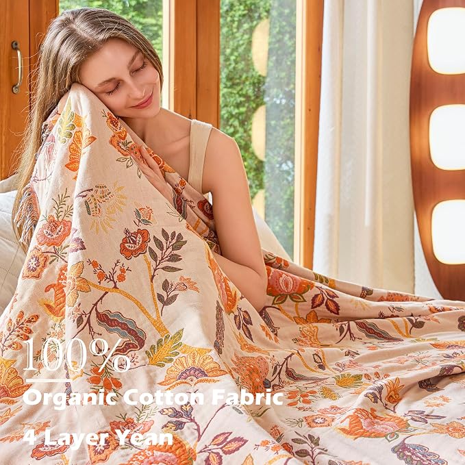 VANJOROY King Boho Throw Blanket 91" x 98", 100% Organic Cotton Breathable Skin-Friendly Ultra Soft Bed Quilt Throw - Floral Rustic Decor Luxury Reversible Blanket for Sofa Couch Chair and Gift