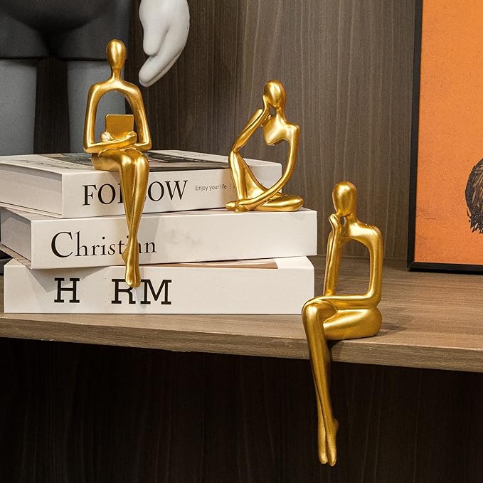 Prettidecor Gold Decor Reading Thinker Resin Statues Set of 3 | Office Coffee Shelf Table Desk Decor Abstract Decoration for Living Room Bedroom Collectable Figurines