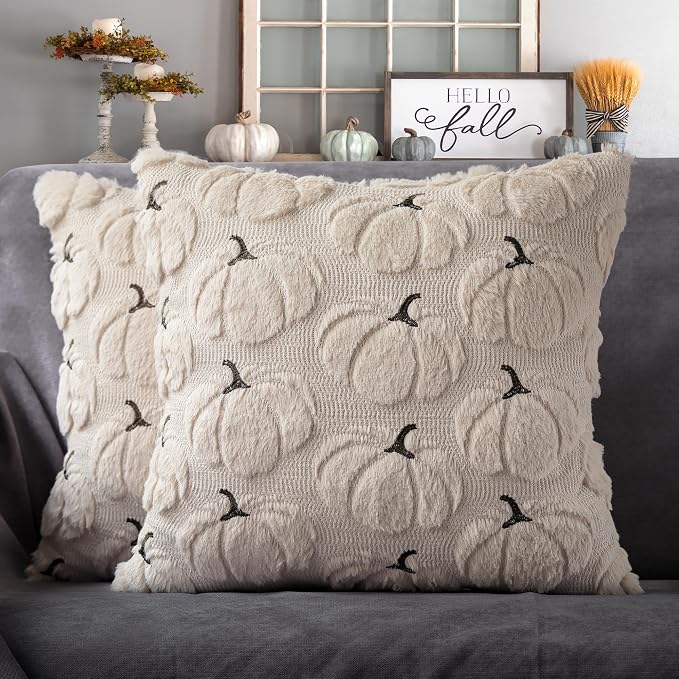 Fall Pumpkins Decorative Pillow Covers 18"x18" Set of 2, Beige Soft Plush Faux Fur Throw Cushion Cases for Autumn Thanksgiving Holiday Home Decorations