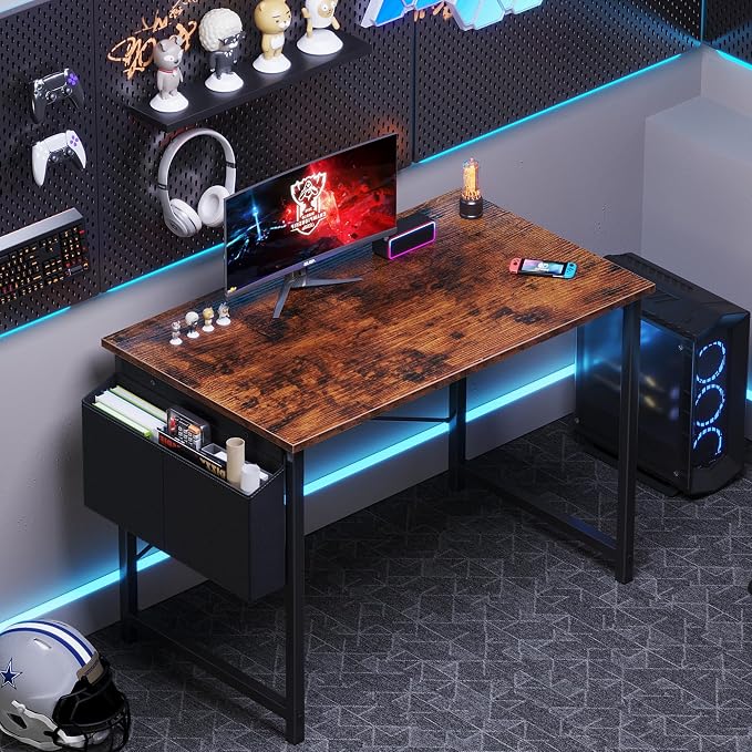 OLIXIS Small Computer Desk, 40 Inch Gaming Desks for Home Office | Writing Study Craft Work Table, Computer Workstation for Bedroom Small Spaces with Storage Bag, Rustic Brown