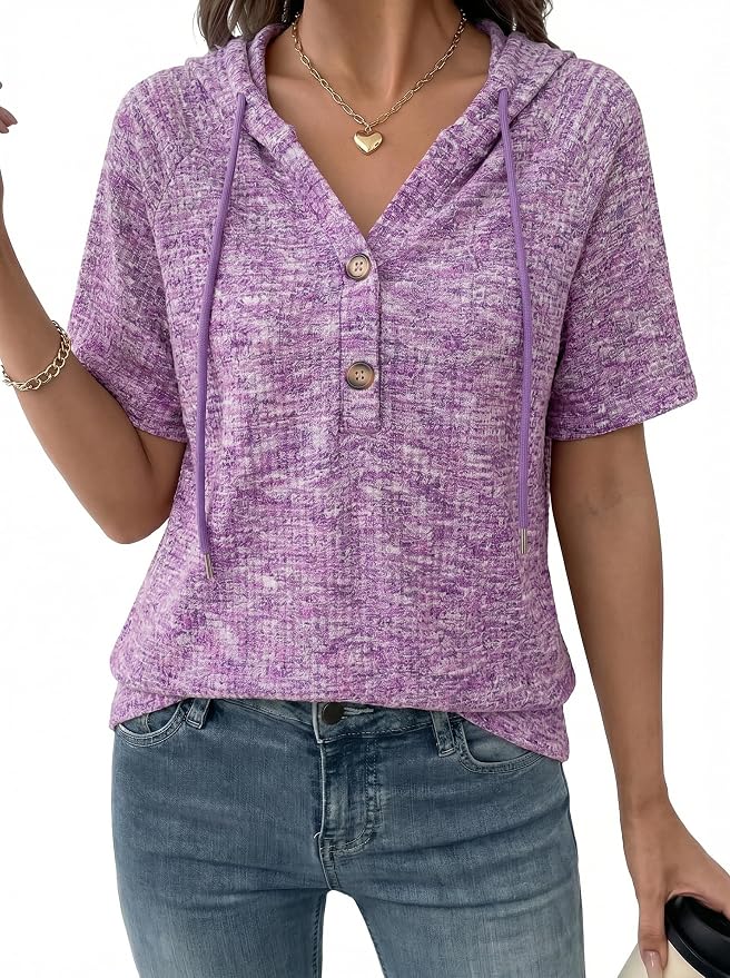 Dokotoo Womens Summer Tops 2026 Short Sleeve Button V Neck Waffle Knit Lightweight Drawstring Hoodies Casual Blouses Shirts