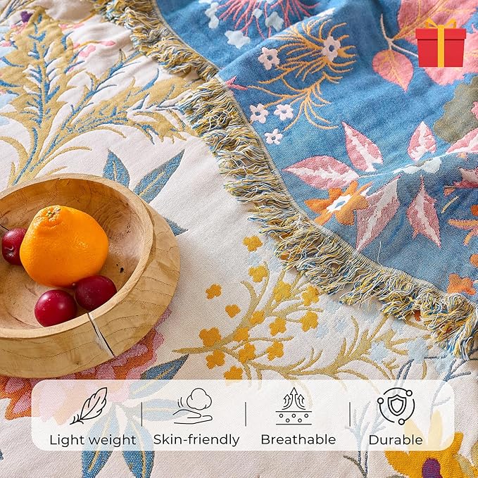Boho Throw Blanket for Home Decor,Ultra Soft Spring Rustic Classic Quilt,100% Cotton Muslin Blankets for Adults, Reversible Woven Decorative Blanket for Bed Layering Use, Colorful Floral, 60"x80"