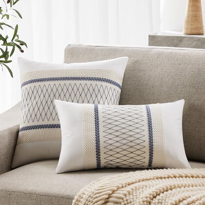 2pk Boho Pillow Covers 16x16, Natural White/Grid/Blue | 100% Organic Cotton Body, Stripe Embroidery, Farmhouse Decorative Cushion Covers for Sofa Bed Living Room Home Decor