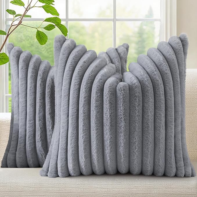 decorUhome Fall Faux Fur Throw Pillow Covers 24x24 Set of 2 Grey | Decorative Soft Cozy Striped Plush Modern Farmhouse Boho Couch Pillow Cases Velvet Back for Sofa Bed Living Room Home Decor