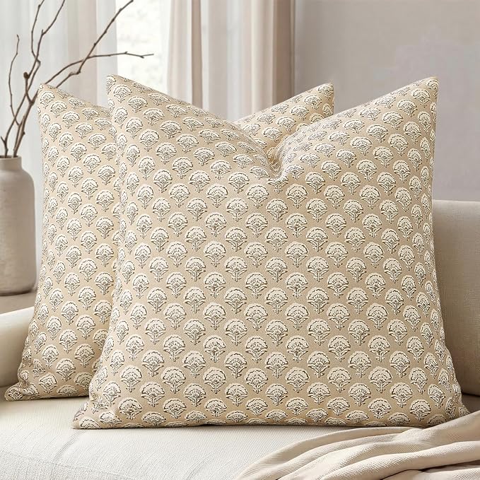 MIULEE Floral Print Decorative Pillow Covers 20x20, Cream Oatmea | Vintage Boho Farmhouse Modern Home Decor, Set of 2, Block Print Cushion Covers for Couch Sofa Bed Living Room