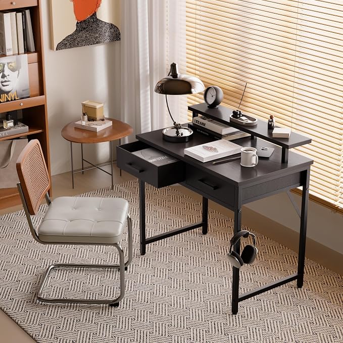 Pamray 32 Inch Small Computer Desk with Monitor Stand and 2 Drawers | Small Gaming Desk, for Bedroom Apartment and Dorm, for Study Work and Writing, Small Spaces, Sturdy, Easy Assembly
