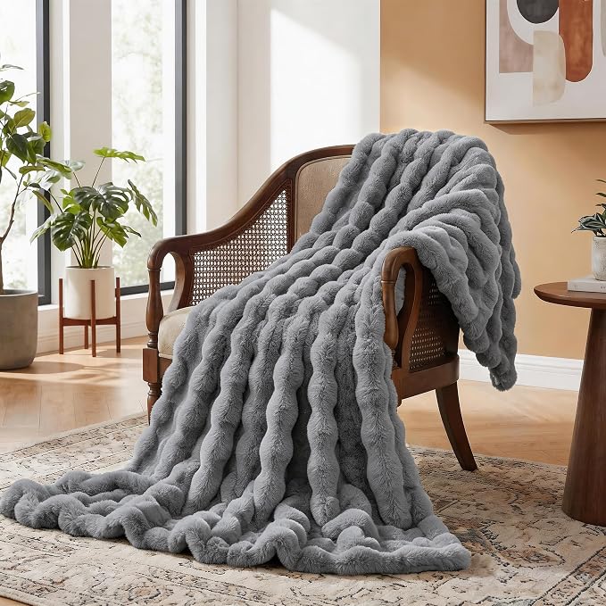 ORINOVA Gray Blanket Twin Size 60x80 Soft Fluffy Faux Fur Bed Cover Fuzzy Plush Bubble Throw for Couch Warm Cozy Bedding for Bedroom, Dorm and Guest Room Decor