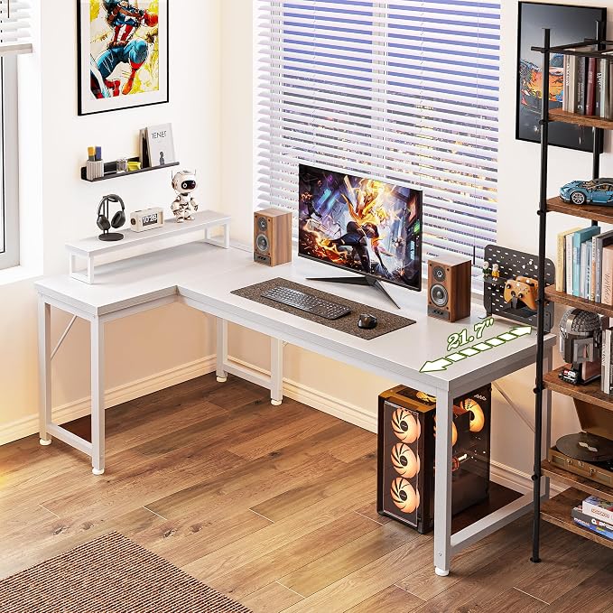 PRAISUN 53" L Shaped Computer Desk, Power Outlets, Monitor Stand, White | USB-C Ports, Reversible Charging Station, Spacious Desktop & Legroom, 0.94 Inch Thick Desktop, for Gaming, Study & Work