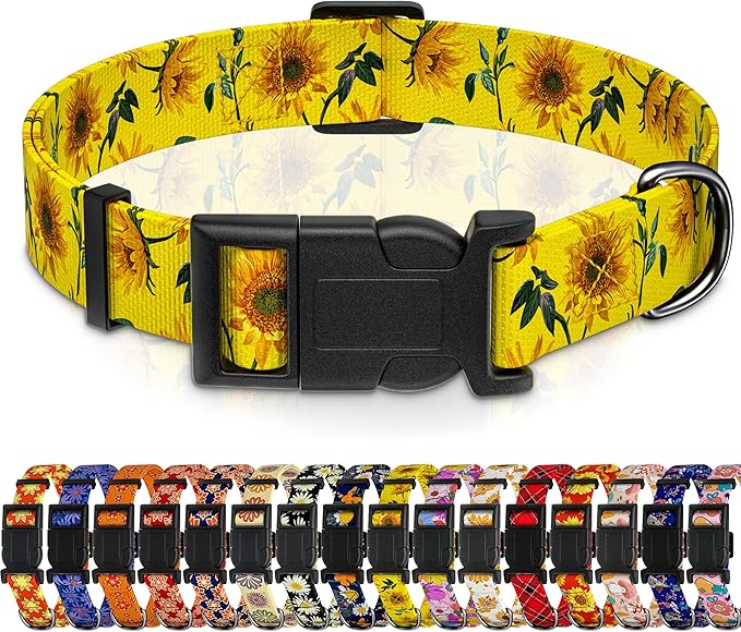 Dog Collar, Floral Boys Girls Puppy Collar for Small Medium Large Dogs, Adjustable Soft Pet Collar with Safety Buckle for Male Females (Yellow Sunflower, M)