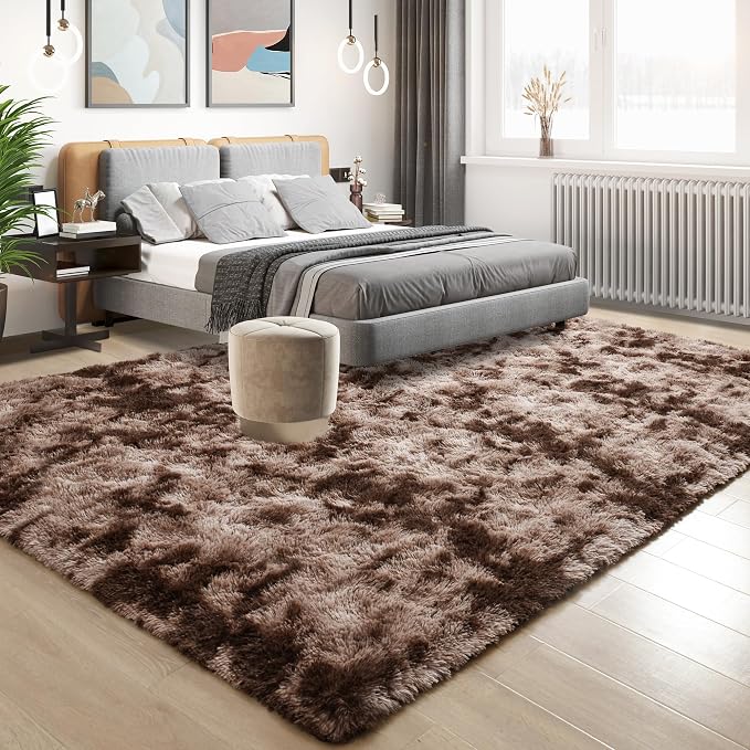 Tepook 9x12 Area Rugs for Living Room Bedroom, Soft Fluffy Plush Shaggy Girls Boys Kids Room Rug, Shag Upgrade Non-Slip Throw Carpet for Dorms Nursery Classroom Home Decor, Tie-Dyed Brown