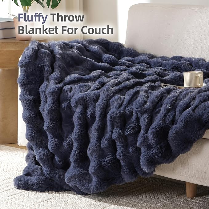 Faux Rabbit Fur Throw for Couch - Navy Blue Bubble Blanket 60"x80" | Fluffy Plush Fuzzy Throw for Sofa & Bed, Super Soft Cozy Comfrt Blanket, Luxury Aesthetic Navy Blue Decor Gift for Women