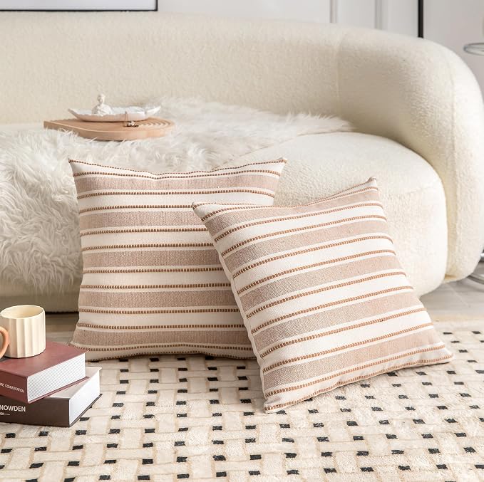 Cethom Decorative Boho Throw Pillow Covers, Farmhouse Textured Pillow Case, 22 x 22 Inch Set of 2, Chair Sofa Bedroom Living Room Home Decor Couch Cushion Case, Brown and Beige Striped