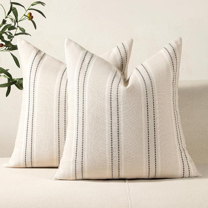 Hckot Decorative Pillow Covers 18x18 Striped Throw Pillows Textured Linen Pillow Covers Farmhouse Decor Cushion Covers for Couch Bed Living Room, Grey