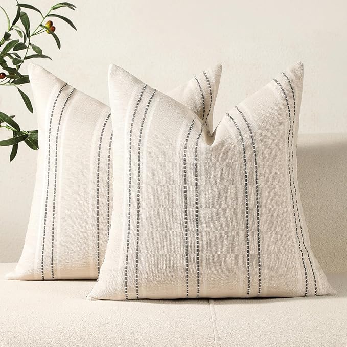 Hckot Throw Pillow Covers 20x20 Set of 2 Striped Pillow Covers Textured Linen Decorative Pillows Square Cushion Covers for Sofa Couch Bed Living Room Farmhouse Decor, Grey
