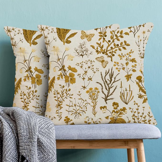 AEIOAE Summer Pillow Covers 24x24 Inch Set of 2,Mustard Yellow Wild Flower Plant Throw Pillows Case,Seasonal Floral Outdoor Decorative Square Linen Farmhouse Decor Cushion Covers for Home Couch