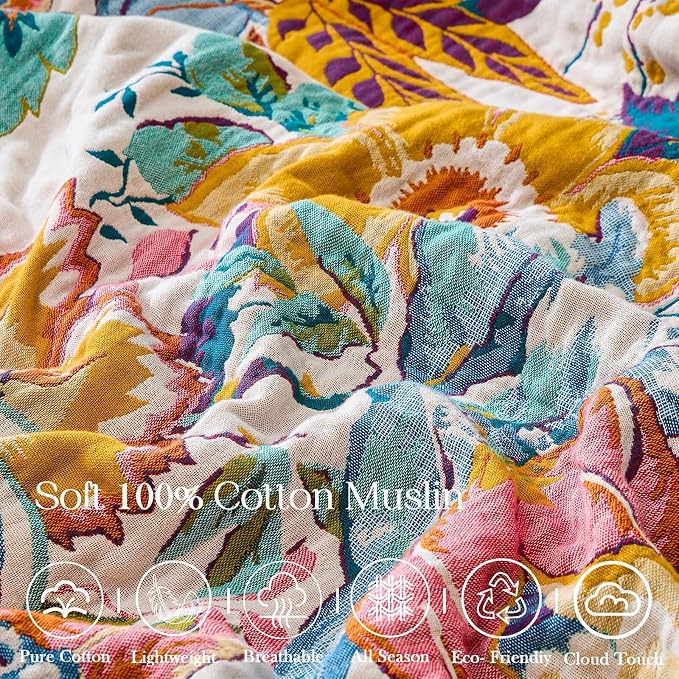 XIBLC Boho Throw Blanket 100% Cotton Vintage Blanket Muslin Woven Flower Decorative Throw Blankets All Season Bohemian Rustic Farmhouse Decor Quilt for Bed (Yellow 90"x98")
