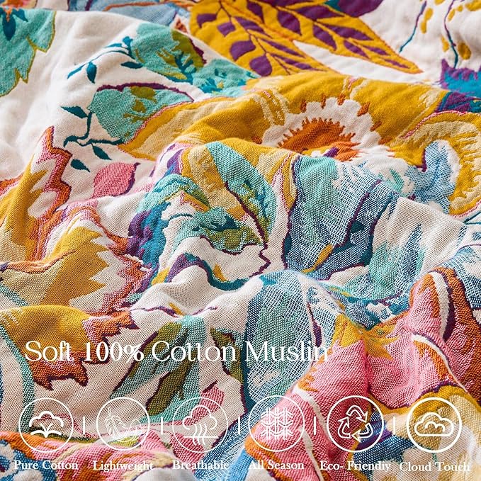 XIBLC Boho Throw Blanket 100% Cotton Vintage Blanket Muslin Woven Flower Decorative Throw Blankets All Season Bohemian Rustic Farmhouse Decor Quilt for Bed (Yellow 60"x80")