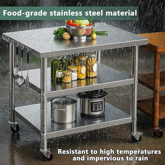 Stainless Steel Table with Wheels for Food Preparation and Work, Multi-Size Optional, Three-Layer Variable Two-Layer Metal Commercial Workbench Outdoor, Restaurant, Kitchen (72" Lx32 Wx34 H)
