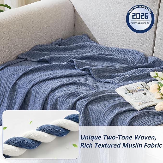 EMME Cotton Muslin Twin Blanket Breathable Gauze Soft Lightweight Adults Gifts for Women (Heather Navy, 60"x80")