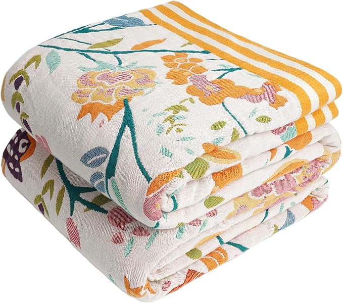 VANJOROY Boho Throw Blanket, 100% Organic Cotton Breathable Ultra Soft 91" x 108" King Bed Quilt Throw - All Season Floral Rustic Farmhouse Decor Luxury Blanket for Sofa Couch Chair and Gift