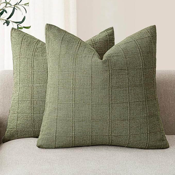 Foindtower Set of 2 Decorative Linen Check Throw Pillow Covers Neutral Farmhouse Vintage Cushion Covers Modern Boho Home Decor for Sofa Chair Couch Bedroom Living Room,26×26 Inch,Sage Green
