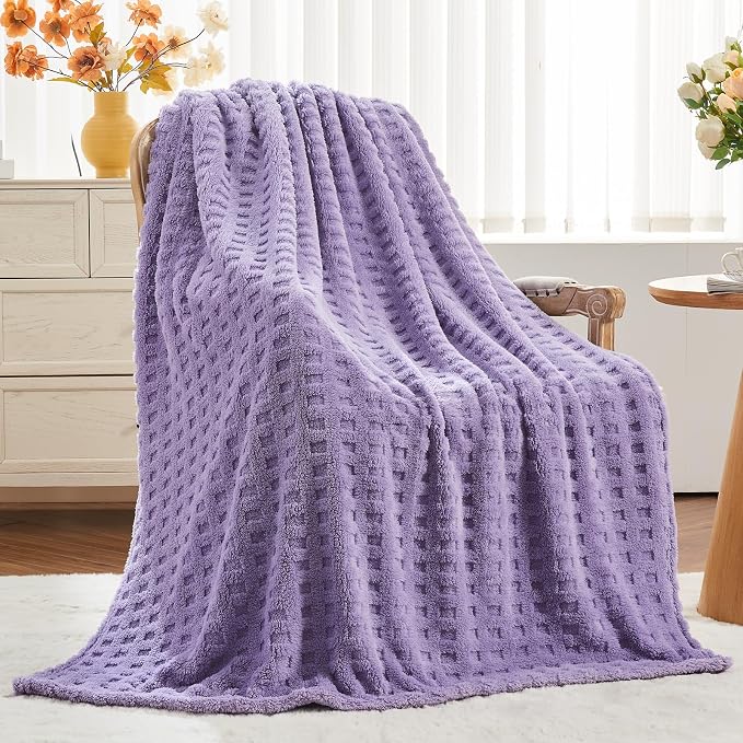 NEWCOSPLAY 3D Waffle Checkered Flannel King Blanket, Lavender, 90"x110" | Super Soft Cute Lightweight Decorative Premium Silky Fleece Blanket for Couch Sofa Bed, Gift for Women Men, All Season Use