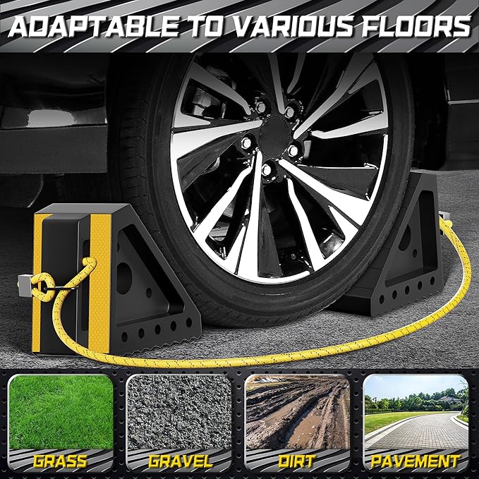 2 Pack Heavy Duty Wheel Chocks with 39" Rope, Rubber Wheel Chocks for Trailers, RV, Cars, Trucks, and ATV