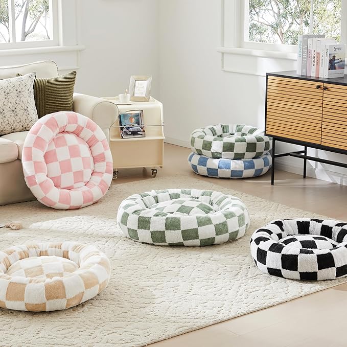 Checkered Cat Dog Bed, Cute Blue Retro Style Aesthetic Round Warming Pet Calming Beds for Small Dog and Cats, Plush Cozy Donut Beds Washable, 23" L x 23" W x 8" Th