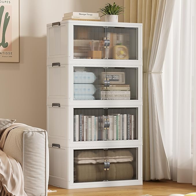 SAILUN 116Gal/464Qt Stackable Storage Bins Folding Collapsible Storage Bins with a Lid, Closet Organizers and Storage,White 26" W x 17" D x 56.7" H