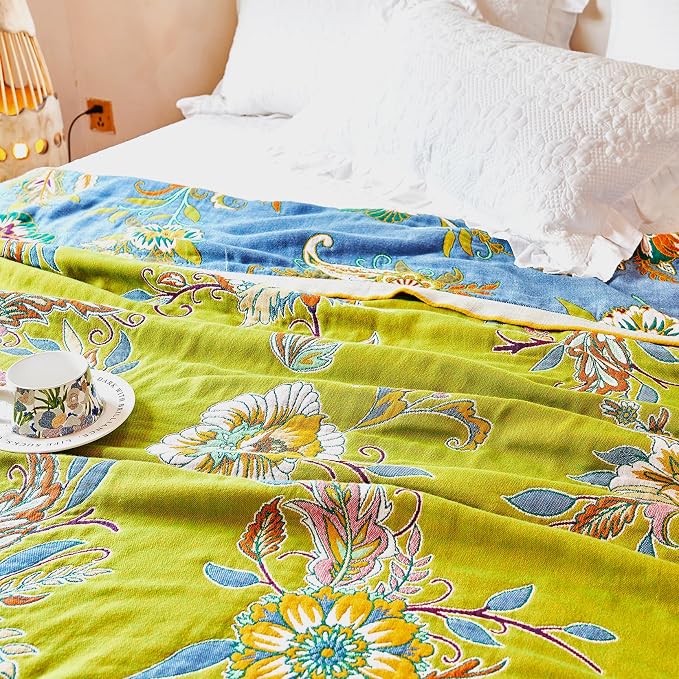 VANJOROY Boho Throw Blanket 50" x 60", 100% Organic Cotton Breathable Ultra Soft Bed Quilt Throw - All Season Luxury Floral Farmhouse Decor Blanket for Sofa Couch Chair and Gift. Green/Blue