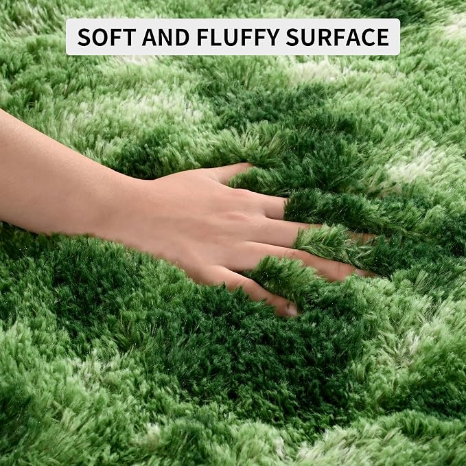 Tepook Fluffy Dark Green Rugs for Living Room Bedroom, 8x10 Soft Area Rug Tie-Dyed Forest Moss Green Kids Girls Boys Rug, Indoor Plush Shaggy Non-Slip Carpet for Nursery Classroom Dorm Home Decor