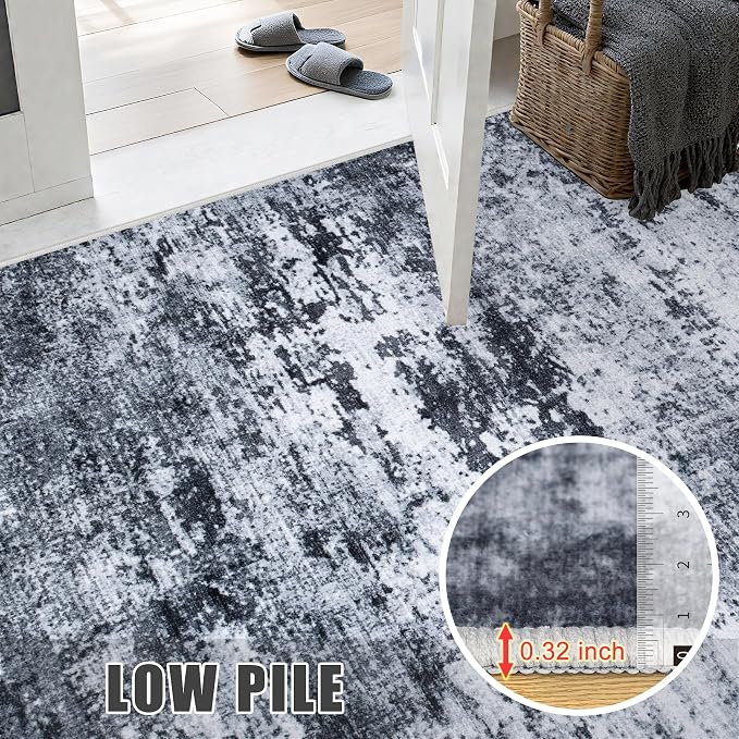 Washable Area Rug 2x3 Entryway Rug: Washable Modern Abstract Soft Thin Rug Indoor Floor No Slip Stain Resistant Carpet for Bedroom Dining Room Farmhouse Nursery Home Office - Black